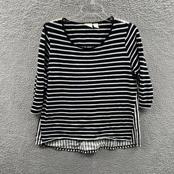Chicos Womens Top 1 Medium Black White Striped 100% Cotton 3/4 Sleeve Shirt - Picture 1 of 8